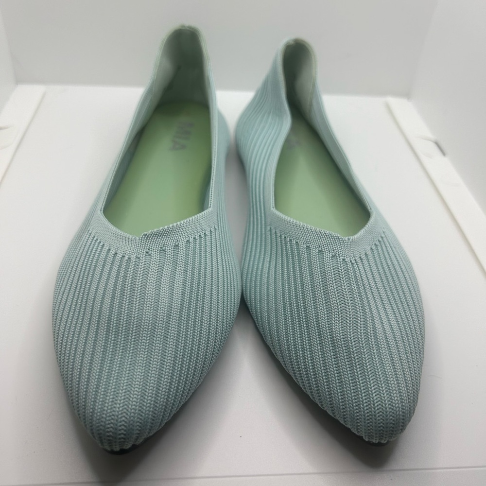 Mia fabric flats in a frosty blue color Rothy’s style